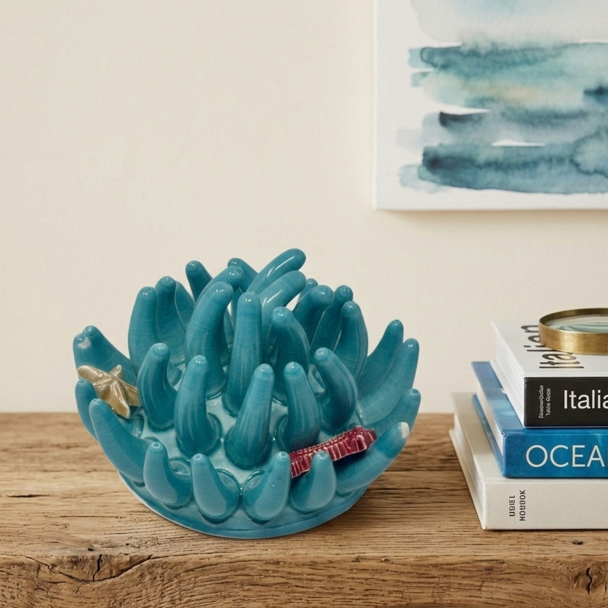 Toocook Soprammobile Anemone Marina in Ceramica Smaltata Artigianale Made in Italy – Scultura Decorativa Tema Mare, Ø 12 cm h 7 cm – Acqua Marina
