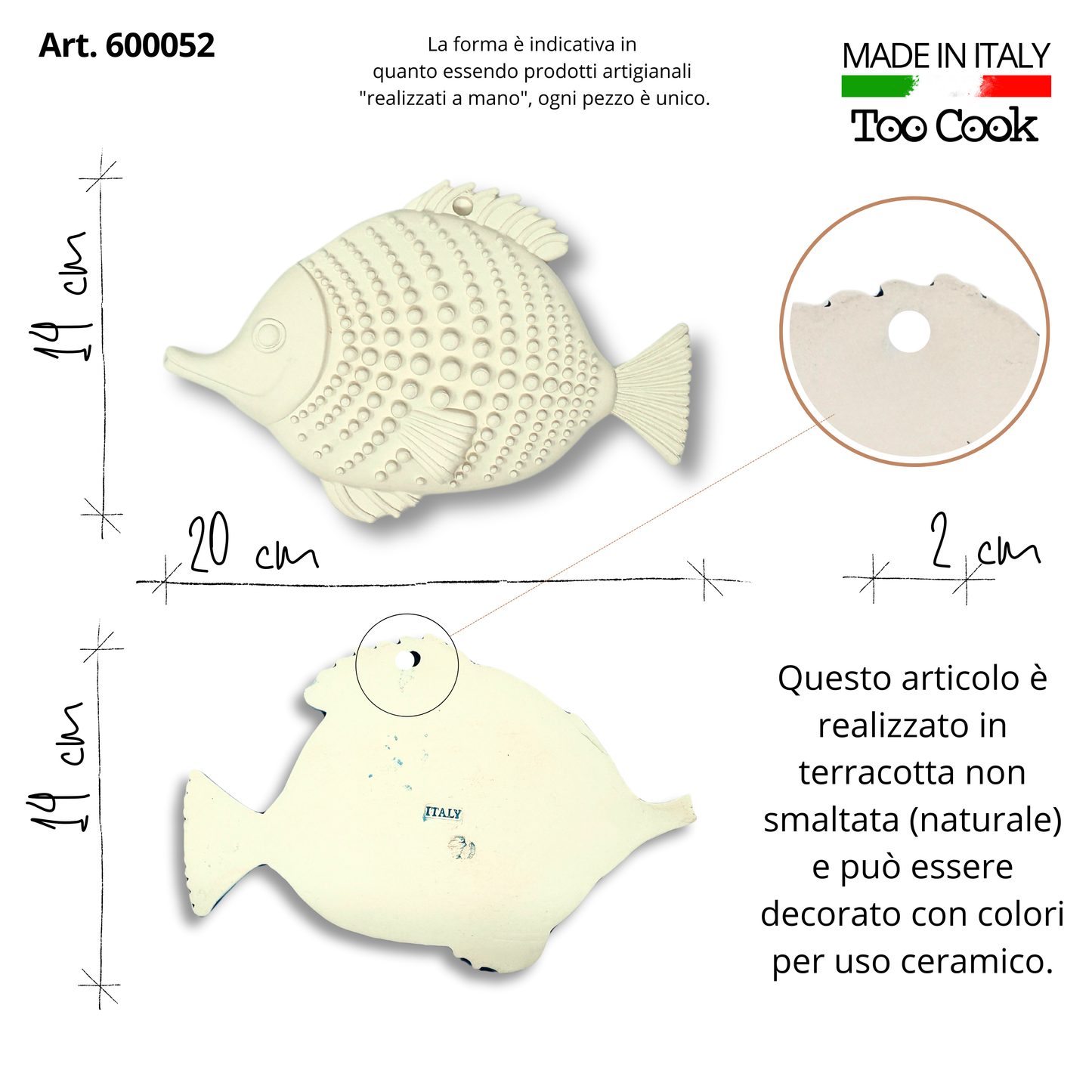 Toocook Pesce in terracotta naturale bianca da decorare per Arredo Casa, Realizzato Artigianalmente, Idea Regalo Made in Italy