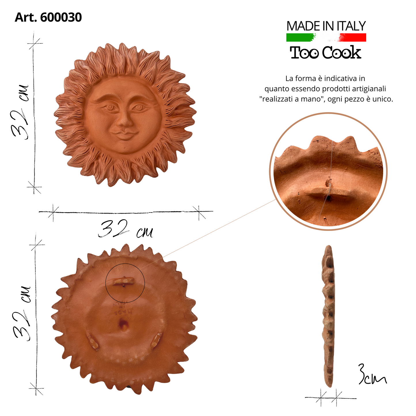 Sole 32 cm in ceramica artigianale da parete per arredo e decorazione casa Terracotta Idea Regalo