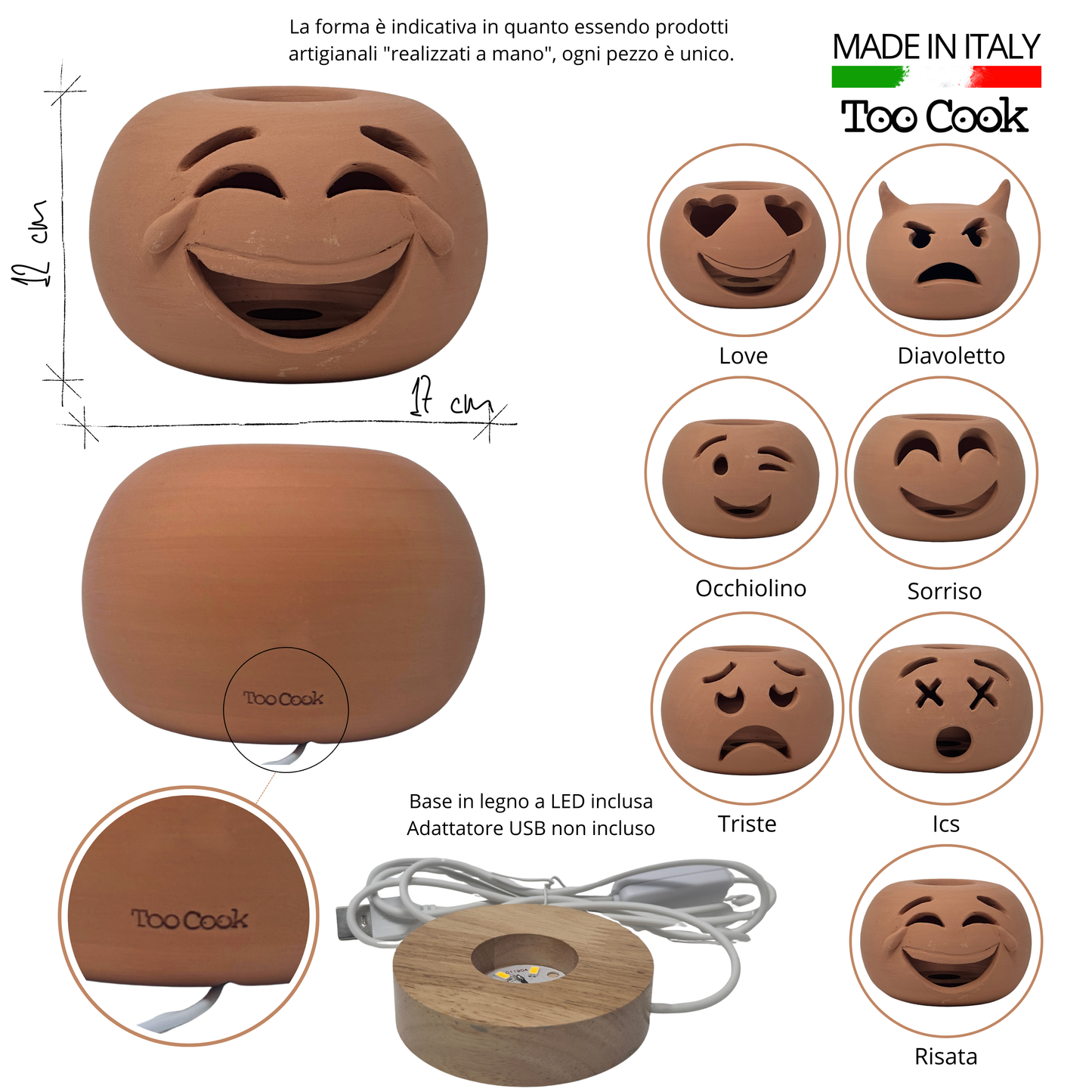 Toocook Lampada Decorativa Emoji Diavoletto – Ceramica Artigianale con Base per Luce LED – Diametro 17 cm