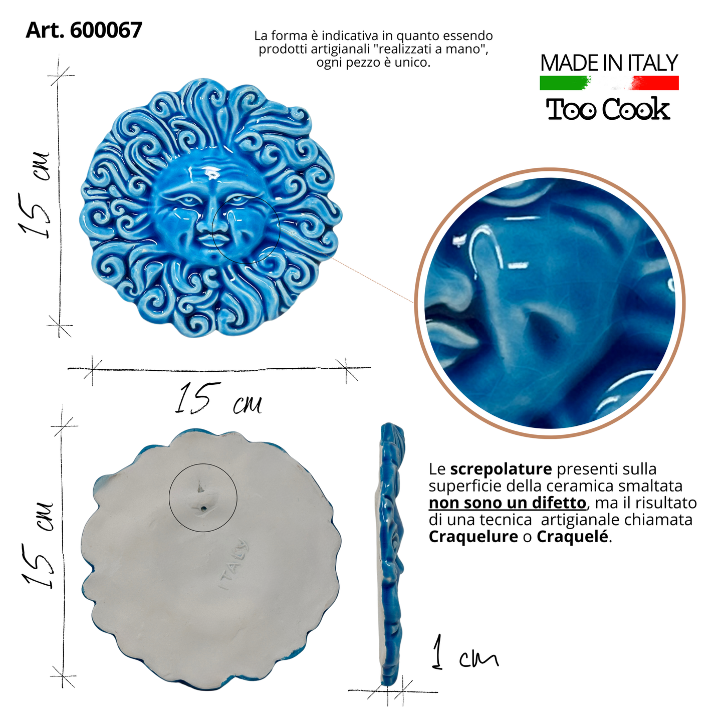 Sole Ricci in ceramica smaltata da parete per arredo casa e decorazione giardino 15 cm (turchese)