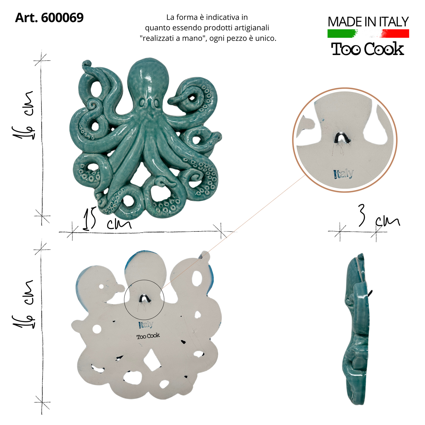 Toocook Polipo in ceramica smaltata verde acqua marina per Decorazione Murale e Arredo Casa, Realizzato Artigianalmente, Idea Regalo Made in Italy