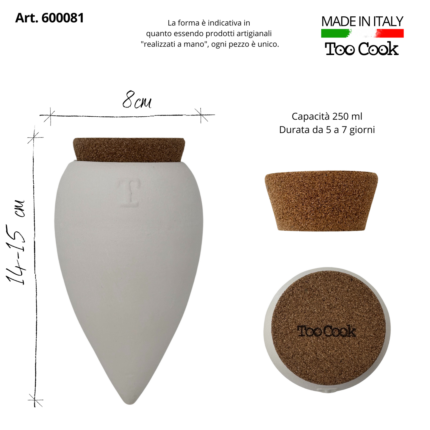 Toocook Artisan Terracotta Olla for Ecological and Natural Automatic Watering for Indoor and Outdoor Plants with autonomy of approximately 7 days - Handmade - 250 ml 