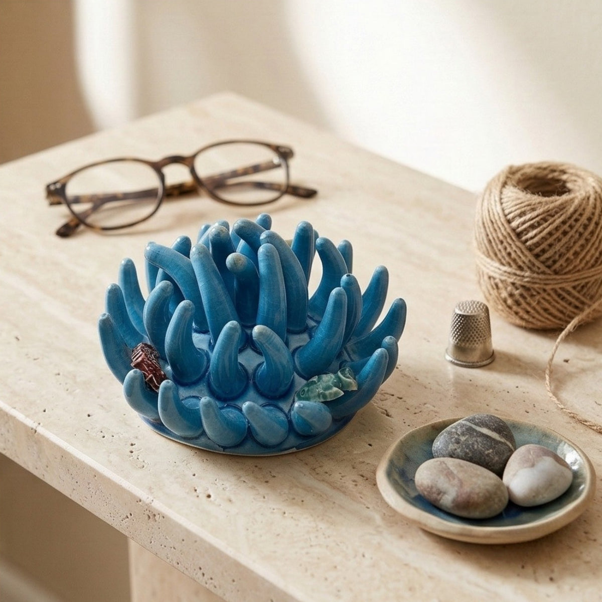 Toocook Soprammobile Anemone Marina in Ceramica Smaltata Artigianale Made in Italy – Scultura Decorativa Tema Mare, Ø 12 cm h 7 cm – Turchese