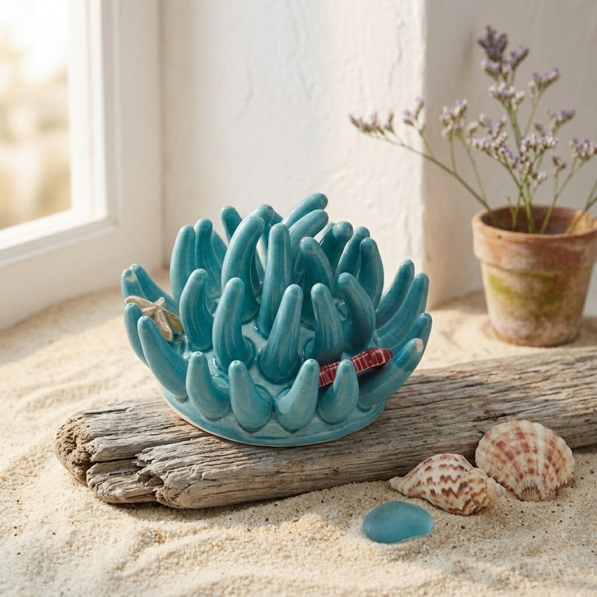 Toocook Soprammobile Anemone Marina in Ceramica Smaltata Artigianale Made in Italy – Scultura Decorativa Tema Mare, Ø 12 cm h 7 cm – Acqua Marina