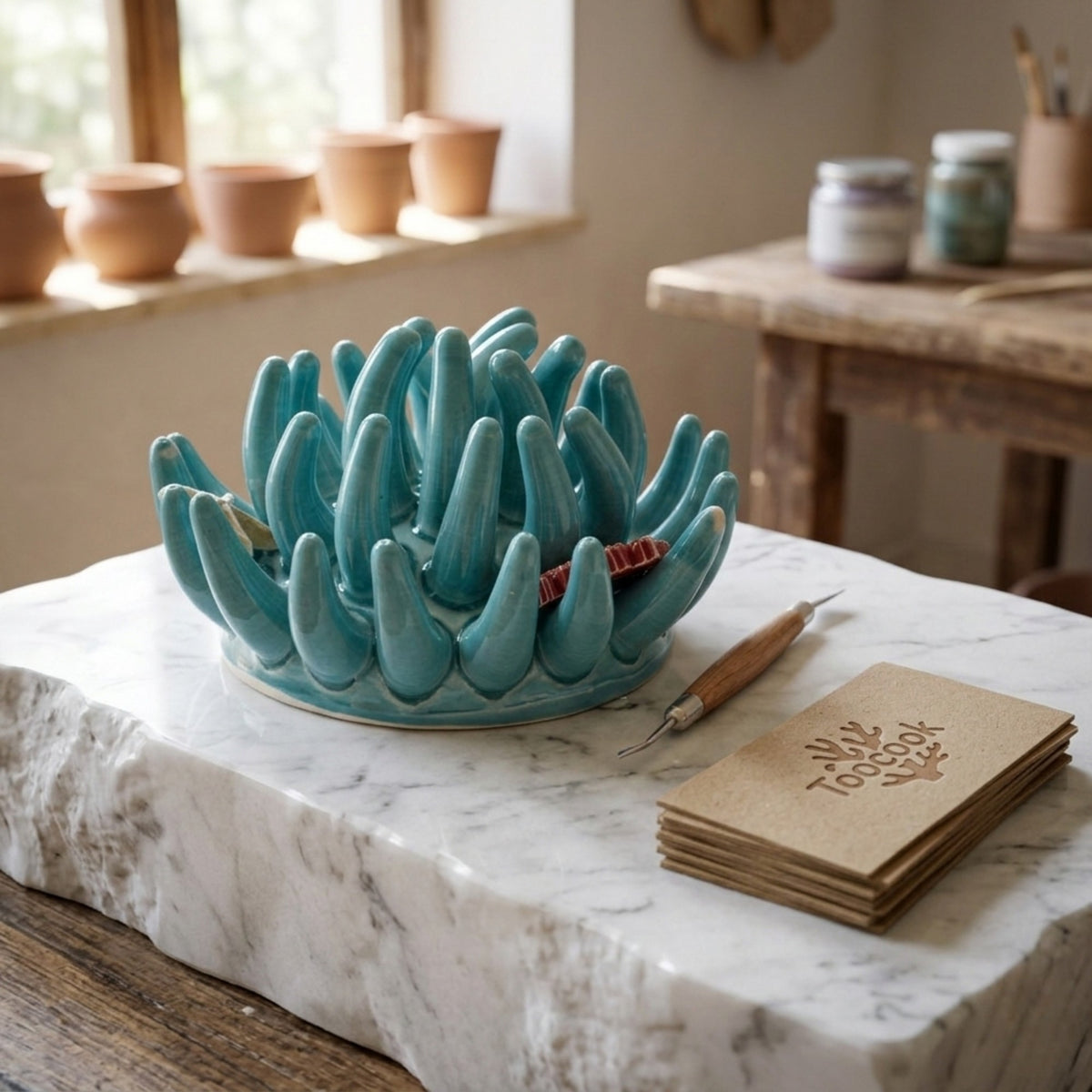 Toocook Soprammobile Anemone Marina in Ceramica Smaltata Artigianale Made in Italy – Scultura Decorativa Tema Mare, Ø 12 cm h 7 cm – Acqua Marina