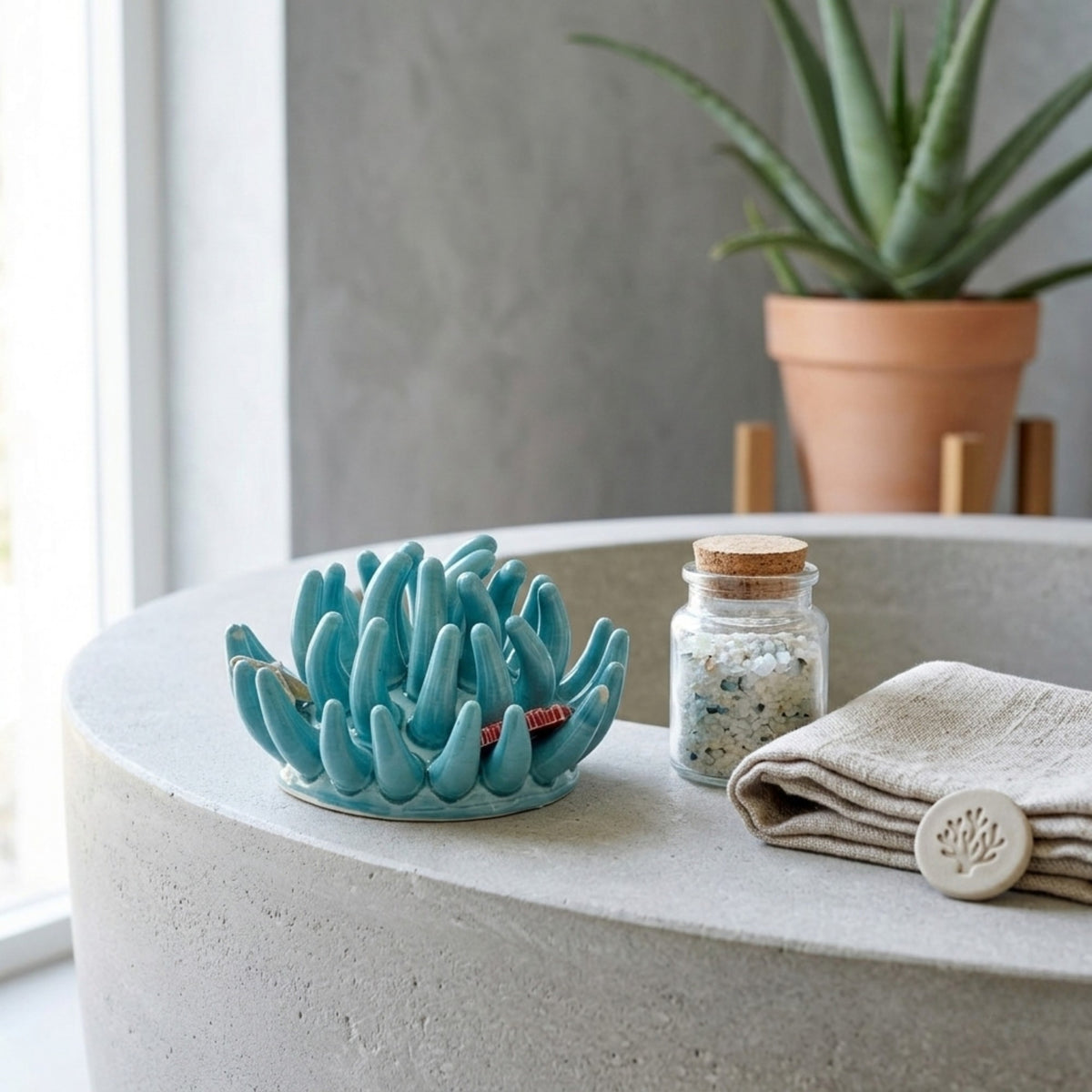 Toocook Soprammobile Anemone Marina in Ceramica Smaltata Artigianale Made in Italy – Scultura Decorativa Tema Mare, Ø 12 cm h 7 cm – Acqua Marina