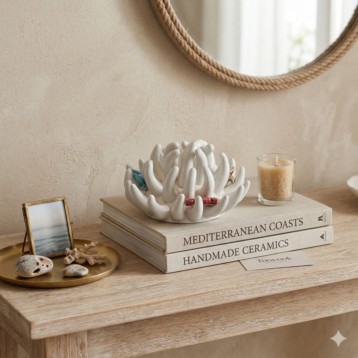 Toocook Soprammobile Anemone Marina in Ceramica Smaltata Artigianale Made in Italy – Scultura Decorativa Tema Mare, Ø 12 cm h 7 cm – Bianco
