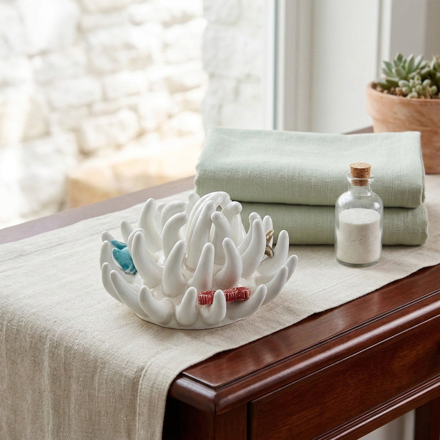 Toocook Soprammobile Anemone Marina in Ceramica Smaltata Artigianale Made in Italy – Scultura Decorativa Tema Mare, Ø 12 cm h 7 cm – Bianco