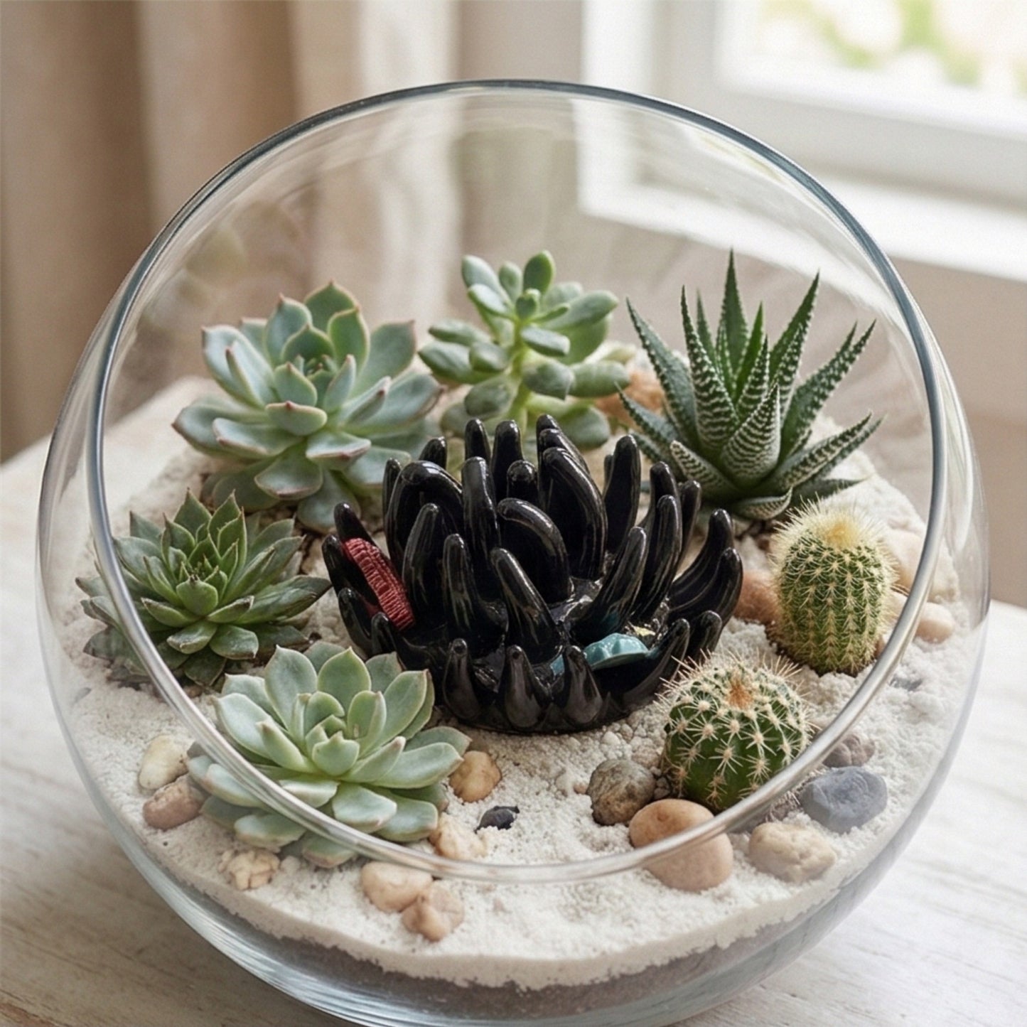 Toocook Soprammobile Anemone Marina in Ceramica Smaltata Artigianale Made in Italy – Scultura Decorativa Tema Mare, Ø 12 cm h 7 cm – Nero