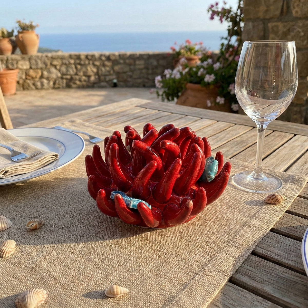 Toocook Soprammobile Anemone Marina in Ceramica Smaltata Artigianale Made in Italy – Scultura Decorativa Tema Mare, Ø 12 cm h 7 cm – Rosso