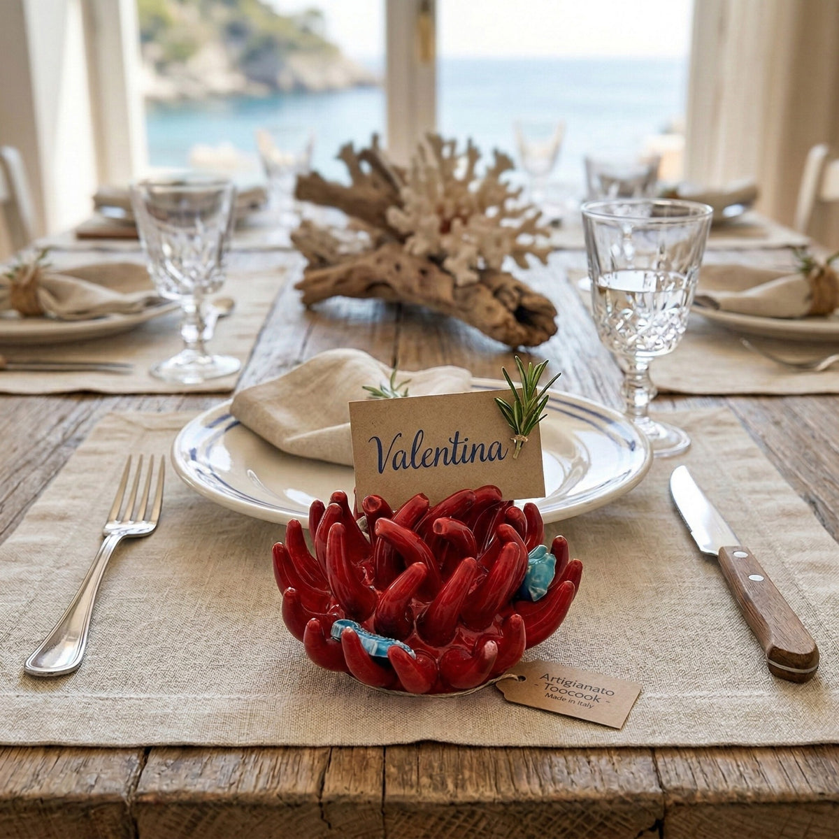 Toocook Soprammobile Anemone Marina in Ceramica Smaltata Artigianale Made in Italy – Scultura Decorativa Tema Mare, Ø 12 cm h 7 cm – Rosso