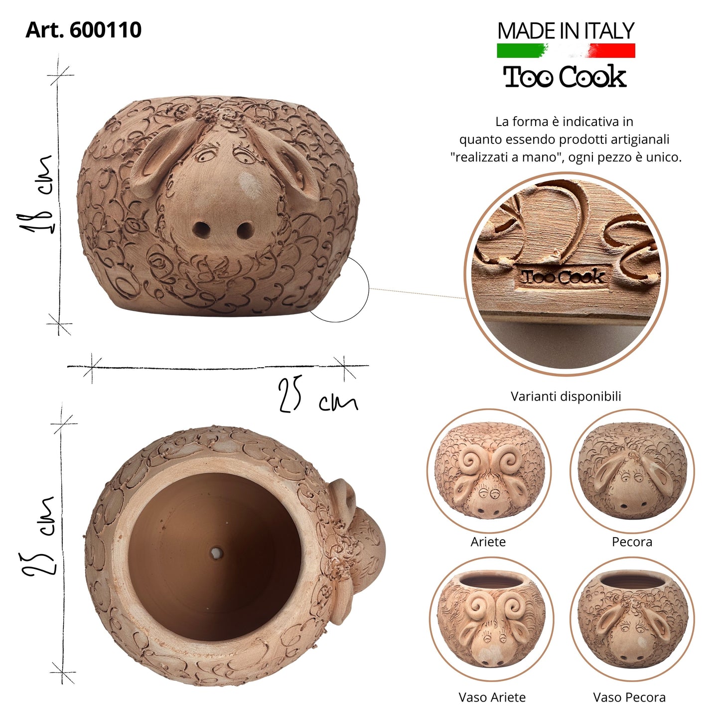 Toocook Pecora in Terracotta Vaso per Piante e Candele - Arredo e decoro giardino - Ø25cm