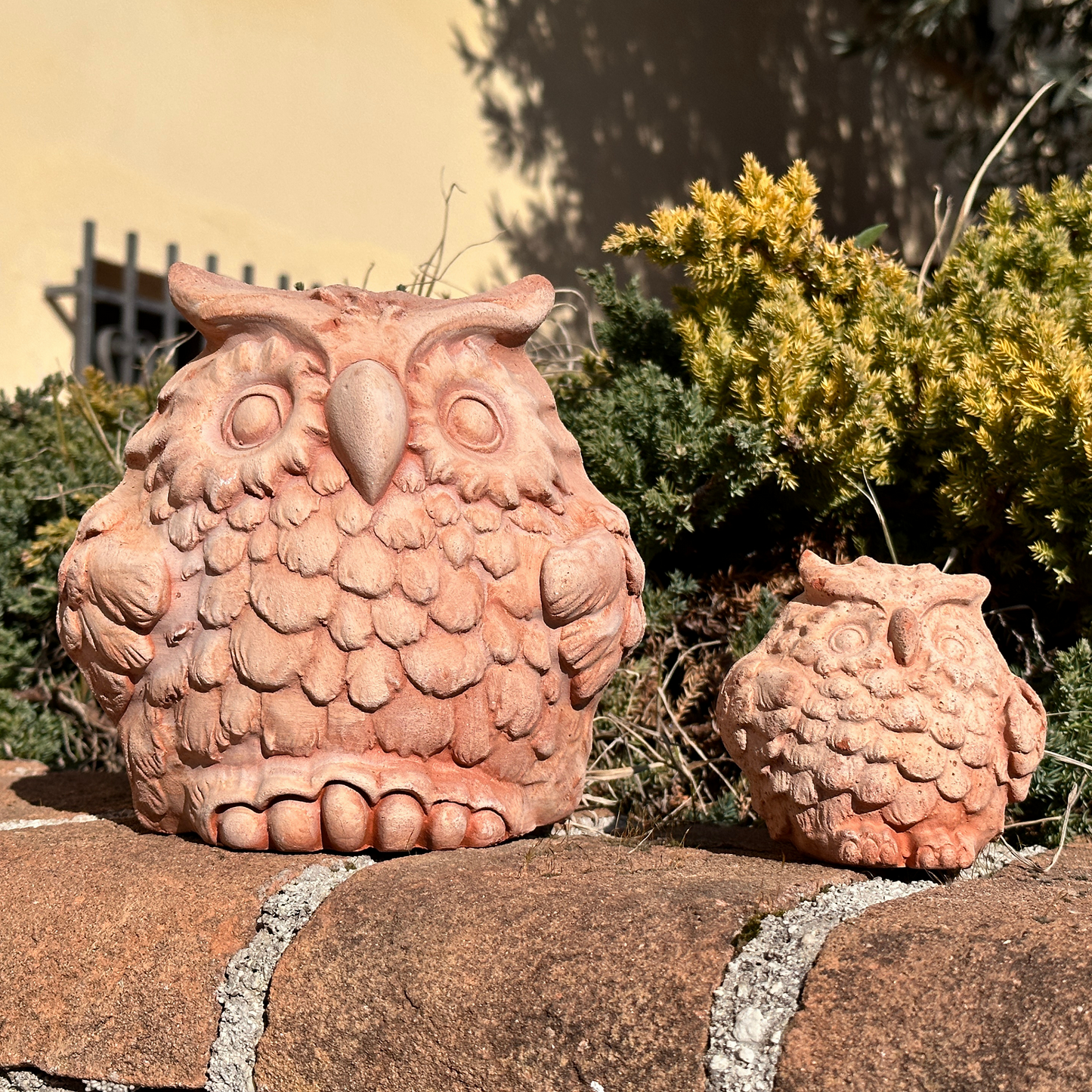 Handcrafted terracotta owl for garden furniture unique weatherproof decoration (9 cm)