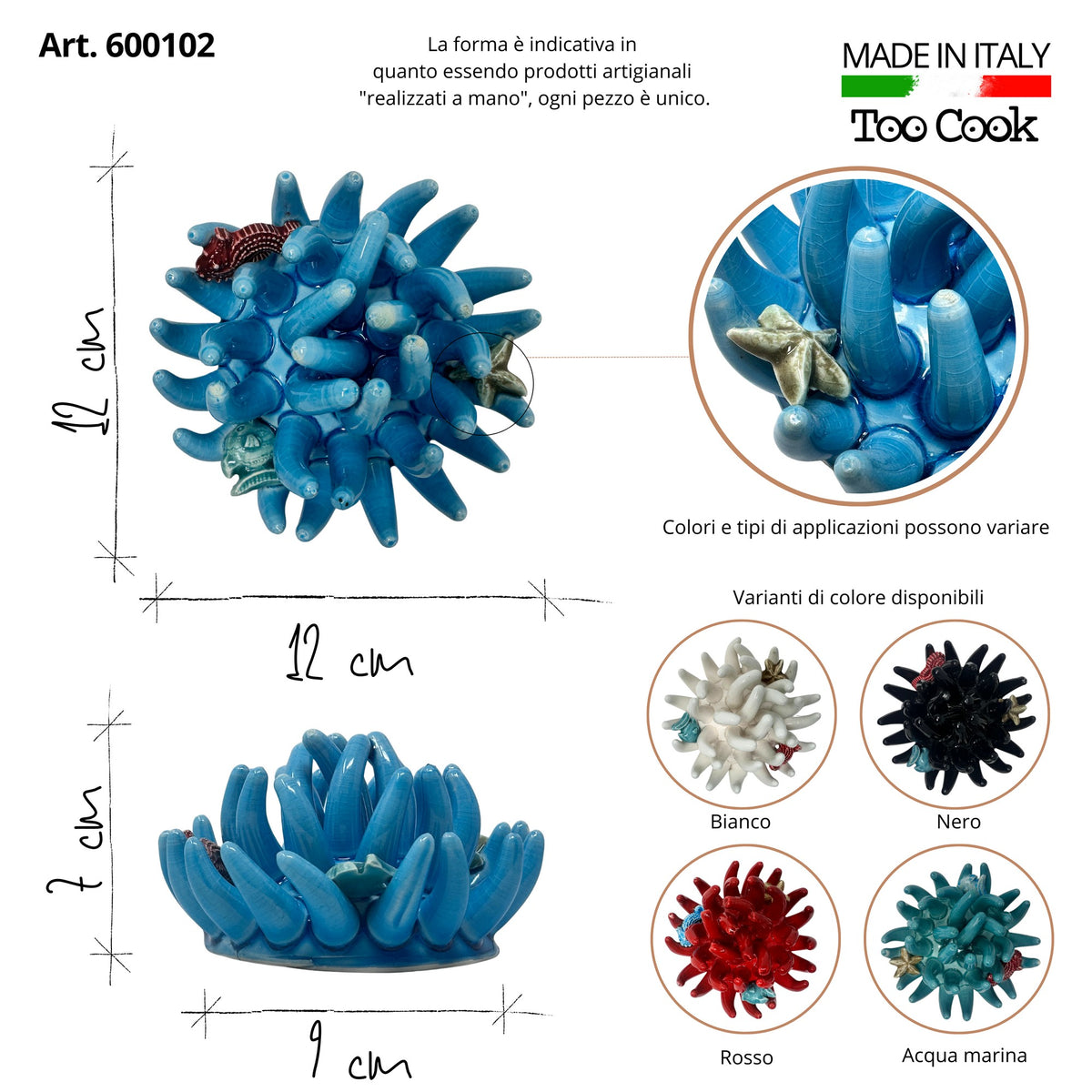 Toocook Soprammobile Anemone Marina in Ceramica Smaltata Artigianale Made in Italy – Scultura Decorativa Tema Mare, Ø 12 cm h 7 cm – Turchese