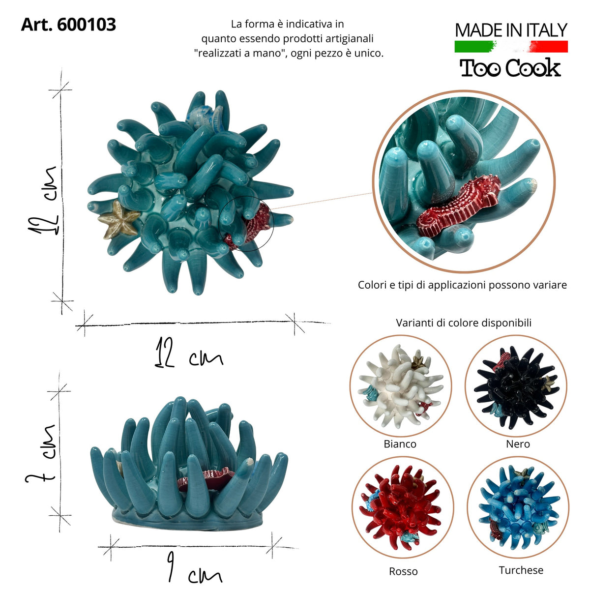 Toocook Soprammobile Anemone Marina in Ceramica Smaltata Artigianale Made in Italy – Scultura Decorativa Tema Mare, Ø 12 cm h 7 cm – Acqua Marina
