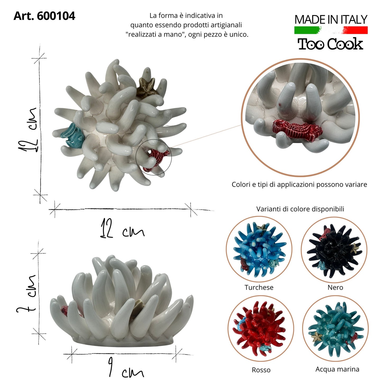 Toocook Soprammobile Anemone Marina in Ceramica Smaltata Artigianale Made in Italy – Scultura Decorativa Tema Mare, Ø 12 cm h 7 cm – Bianco