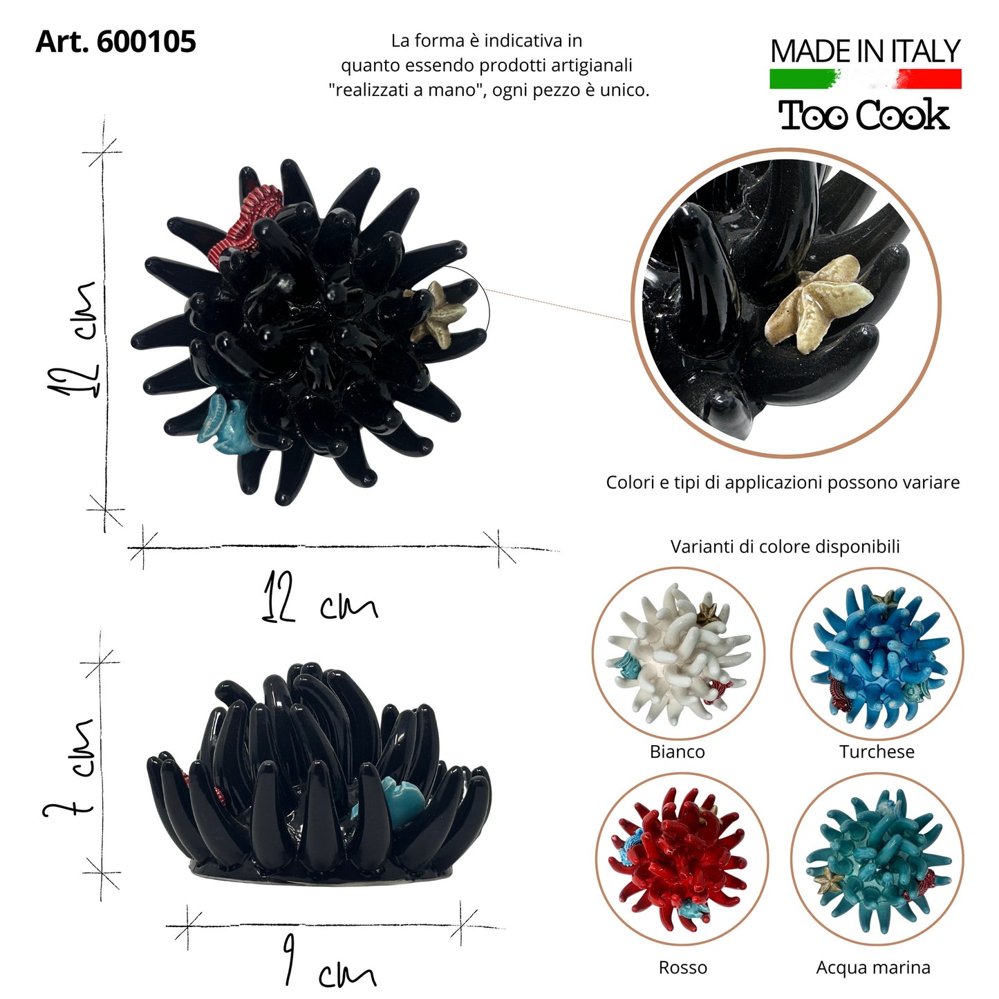 Toocook Soprammobile Anemone Marina in Ceramica Smaltata Artigianale Made in Italy – Scultura Decorativa Tema Mare, Ø 12 cm h 7 cm – Nero