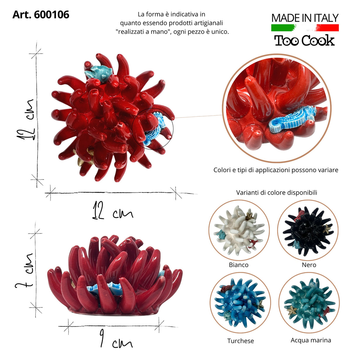 Toocook Soprammobile Anemone Marina in Ceramica Smaltata Artigianale Made in Italy – Scultura Decorativa Tema Mare, Ø 12 cm h 7 cm – Rosso