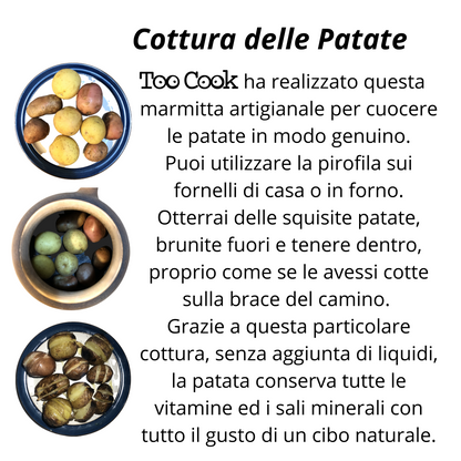 Toocook Potato and Chestnut Cooker in Blue Glazed Terracotta for Simple Natural Cooking No Fat and without altering the properties of the food 100% Made in Italy