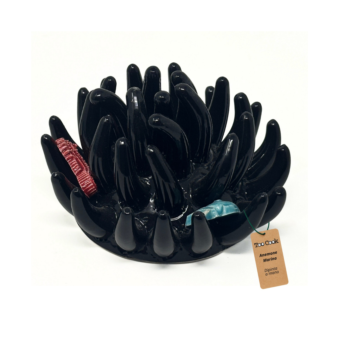 Toocook Soprammobile Anemone Marina in Ceramica Smaltata Artigianale Made in Italy – Scultura Decorativa Tema Mare, Ø 12 cm h 7 cm – Nero