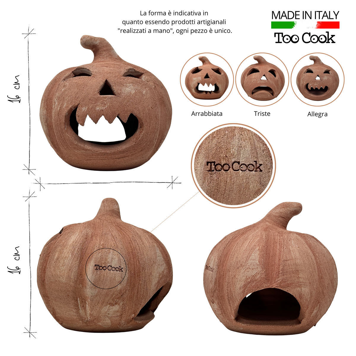 Zucca di Halloween decorativa in terracotta Made in Italy – Lanterna artigianale per interni ed esterni (Arrabbiata)